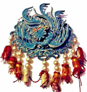 Antique Chinese Kingfisher Blue Silk Qing Opera Theater Phoenix Medallion Big