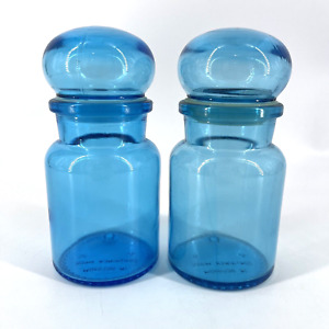 Vintage Mcm Belgium Apothecary Blue Glass Jars Bubble Top Set 2 Mini Jars
