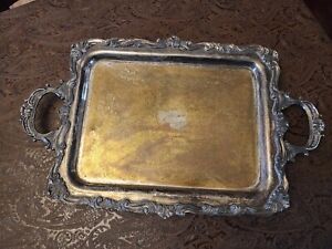 Vintage Large Serving Tray With Handles Feet Heavy Silver Plated Serving 