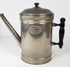 Antique Old Dominion Coffee Maker Pot Embossed Metal Gooseneck Wood Handle