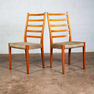 Mid Century Danish Modern Dining Chairs Set 2 Tan Teak Wood Svegards Ladder Back