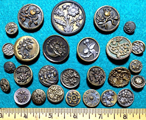 27 Antique Victorian Floral Picture Buttons Mixed Size And Metals
