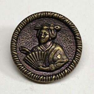 Victorian Metal Picture Button Oriental Lady With Fan Original Purple Tint