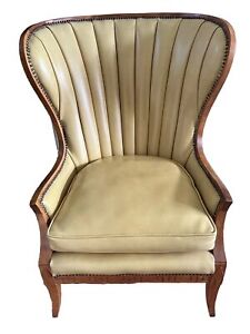 Vintage Mid Century Modern Barrel Back Channel Walnut Wing Chair Mustard Yellow