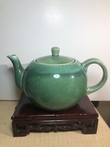 Antique Awaji Monochrome Japanese Apple Green Crackle Glazed Teapot 5x9 Rare