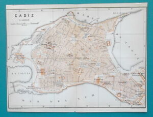 Spain Cadiz Town City Plan 1913 Baedeker Map 6 X 8 15 X 20 Cm 