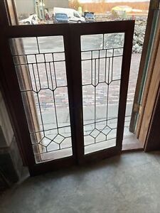 Sg 3954 Pair Antique Leaded Glass Cabinet Doors 32 X 42 25