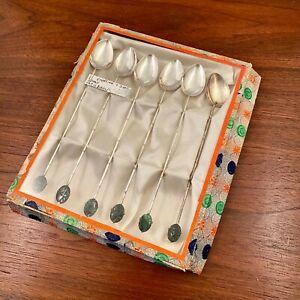  6 Chinese Export Hong Kong Sterling Silver Carved Jade Iced Tea Spoons In Box