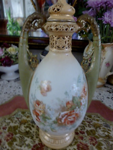 Two Handled Victorian Vase Royal Vienna Austrian Antique Floral Mantel Vase 