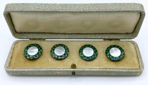 Set Of Antique Sterling Mother Of Pearl Green Blue Enamel Buttons W Org Box