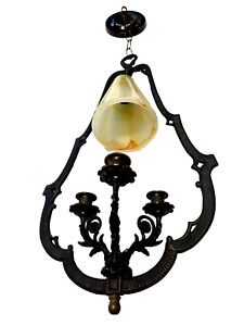 Antique Victorian One Light Pendant Candelabra Fixture With Slag Glass Shade