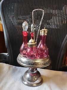 Vintage Cranberry Glass Cruet Castor Set Silver Plate Condiment Caddy Victorian