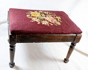 Antique Foot Stool Needlepoint Top Wood Frame In Unrestored 14x10x10inches
