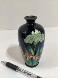 Antique Japanese Black Cloisonne Vase With Ginbari Flowers Small 4 1 2 V Good