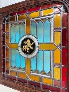 Exceptional Antique Stained Glass Door Panel With Lion 2 