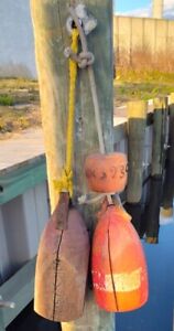 Lot Of 2 Vintage Wooden Lobster Buoys Nautical Decor Engraved Chipped Paint Old