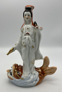 Porcelain Kwan Yin Guan Yin Dragon Fish Statue Figurine 10 1 4 Tall Read