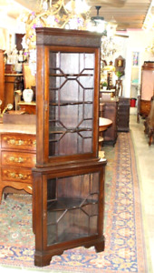 English Antique Mahogany Wood All Glass Door Corner Display Cabinet