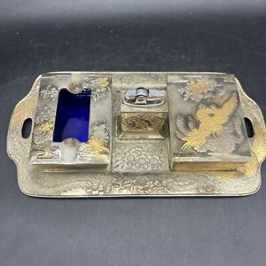 Fine Japanese Japan Silver Gilt Metal Smokers Tray W Box Ashtray Lighter