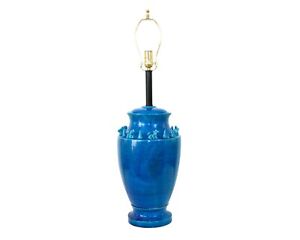 Xl Mid Century Asian Modern Blue Italian Pottery Lamp Foo Dogs By Bitossi Raymor