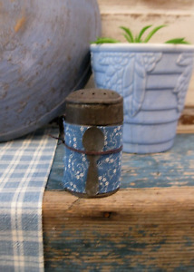 Small Early Antique Tin Sugar Shaker Muffineer 1890s Blue Calico Tin Toy Spoon