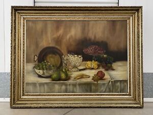  Fine Antique Old 19th C American Cut Crystal Still Life Oil Painting 1895