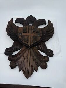 Antique Large Hand Carved Wooden Double Eagle Wall Plaque Coat Of Arms Crest