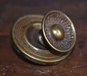 Vintage Small Brass Round Drawer Pull Knob With Rosette