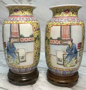 Pair Fine Old Chinese Export Porcelain Famille Rose Cabinet Vases W Stands
