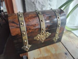 Antique Wooden Tea Caddy Casket Chest Shape Brass Mounts C 1870