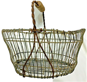 Primitive Egg Clam Gathering Basket Heavy Metal Wire With Wood Bail Handle