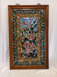 Antique Ornate Floral Stained Leaded Glass Window W 40 Blue Jewel Eyes 23 X 37 