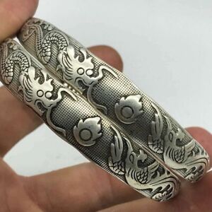 2pc Old Chinese Sterling Silver Ornate Etched Engraved Dragon Phoenix Bracelet