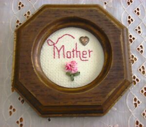 Mother Primitive Stitchery 5 5 Vintage Wood Grain Frame No Glass Ribbon Flower