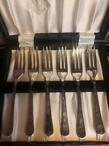 Sheffield England Silverplate Pastry Cocktail Dessert Forks 5 Set Of 6 In Box