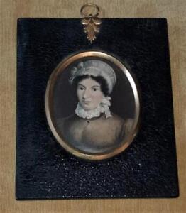 Characterful Regency Miniature Portrait Of Lady In Bonnet In Lacquer Frame C1800