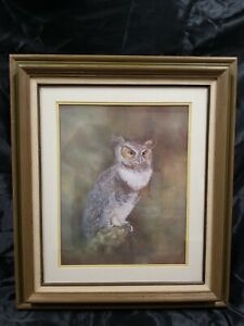 Vtg Large Mcm Horned Owl Picture Faux Wood Olive Green Frame Allison