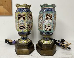 Pair Of Antique Chinese Porcelain Famille Rose Wedding Lamp Lantern