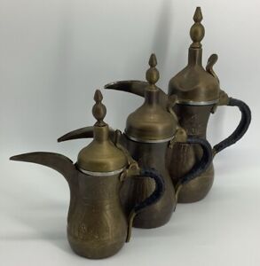 Vintage Qty 3 Dallah Coffee Pot Brass Arabic Bedouin Leather Wrapped Handle