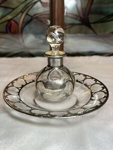 Antique Art Nouveau Sterling Silver Overlay Glass Perfume Bottle W Matching Dish