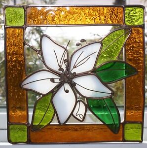 Vintage 7 Square Stained Glass Flower Window Pane