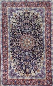 5 X 8 Isfahanee Area Rug Wool Silk Pile Dark Blue Antique Persiann Blue A 