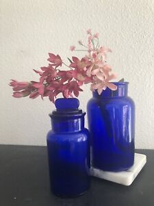 Set Of 2 Antique Hand Blown Glass Cobalt Blue Apothecary Jars Canisters Italy