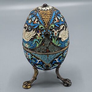 Antique Russian Jeweled Enameled 84 Silver Footed Egg Box 243 Grams 5 