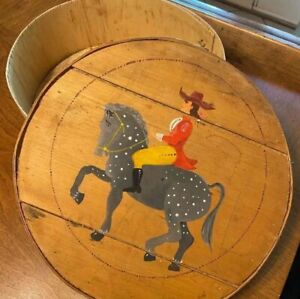 Rare Vintage Painted Wooden Shaker Box Danish Cheese Box Equestrian Art