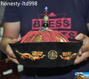 18 China Qing Dynasty Silk Gem Royal Dragon Embroidery Officer Hat Cap Headgear