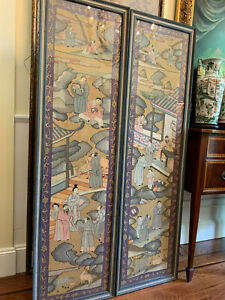 A Pair Large Chinese Qing Dynasty Kesi Textile Panel 19th C Framed 