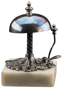 Antique Ornate Silver Hotel Bell With Marble Base 