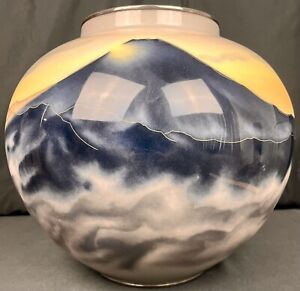 Huge Meiji Era 14 Signed Ando Stamped Silver Mt Fuji Japanese Cloisonne Vase