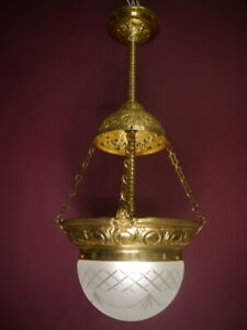 Fine Antique One Light Art Nouveau Brass Lamp Chandelier Satined Glass 14 